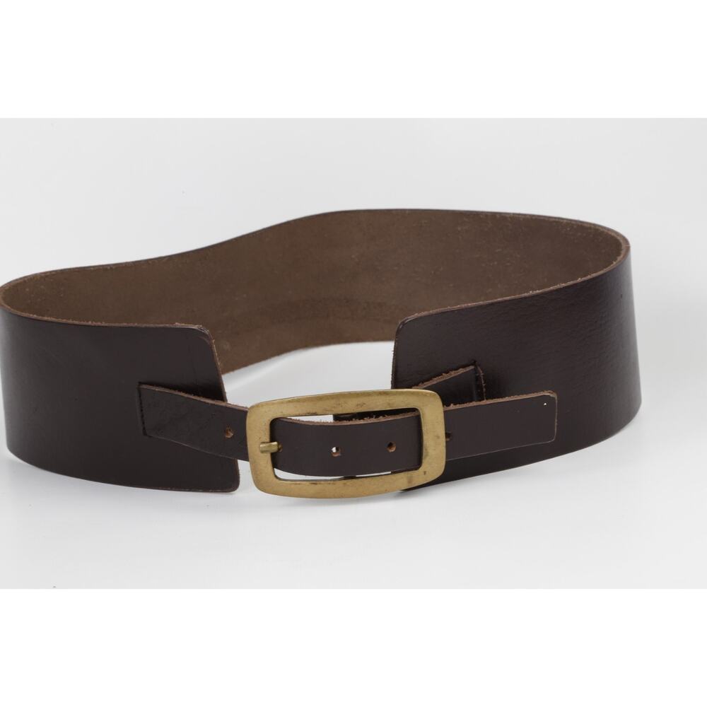 Vintage Brown Leather Belt Wide Brass Buckle Waist Boho Size M